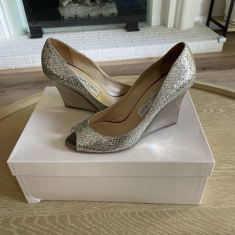 Jimmy Choo Champagne Glitter Mirrored Wedge Heels
